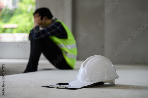 Young Asian male construction worker staff feeling sad and upset while sitting on the floor of the building construction site due to been fired from job cause by company bankruptcy economic recession.