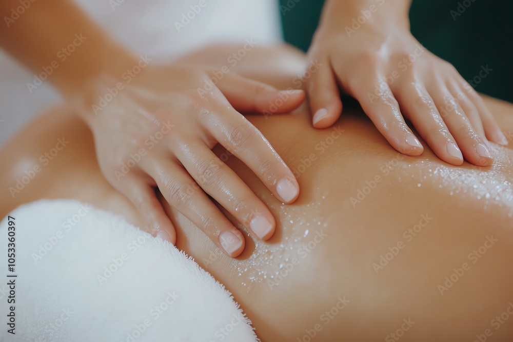Serene massage scene showcasing hands applying oil on a back, emphasizing relaxation and well-being in a tranquil environment. Serene massage scene showcasing hands applying oil on a back, emphasizing relaxation and well-being in a tranquil environment.