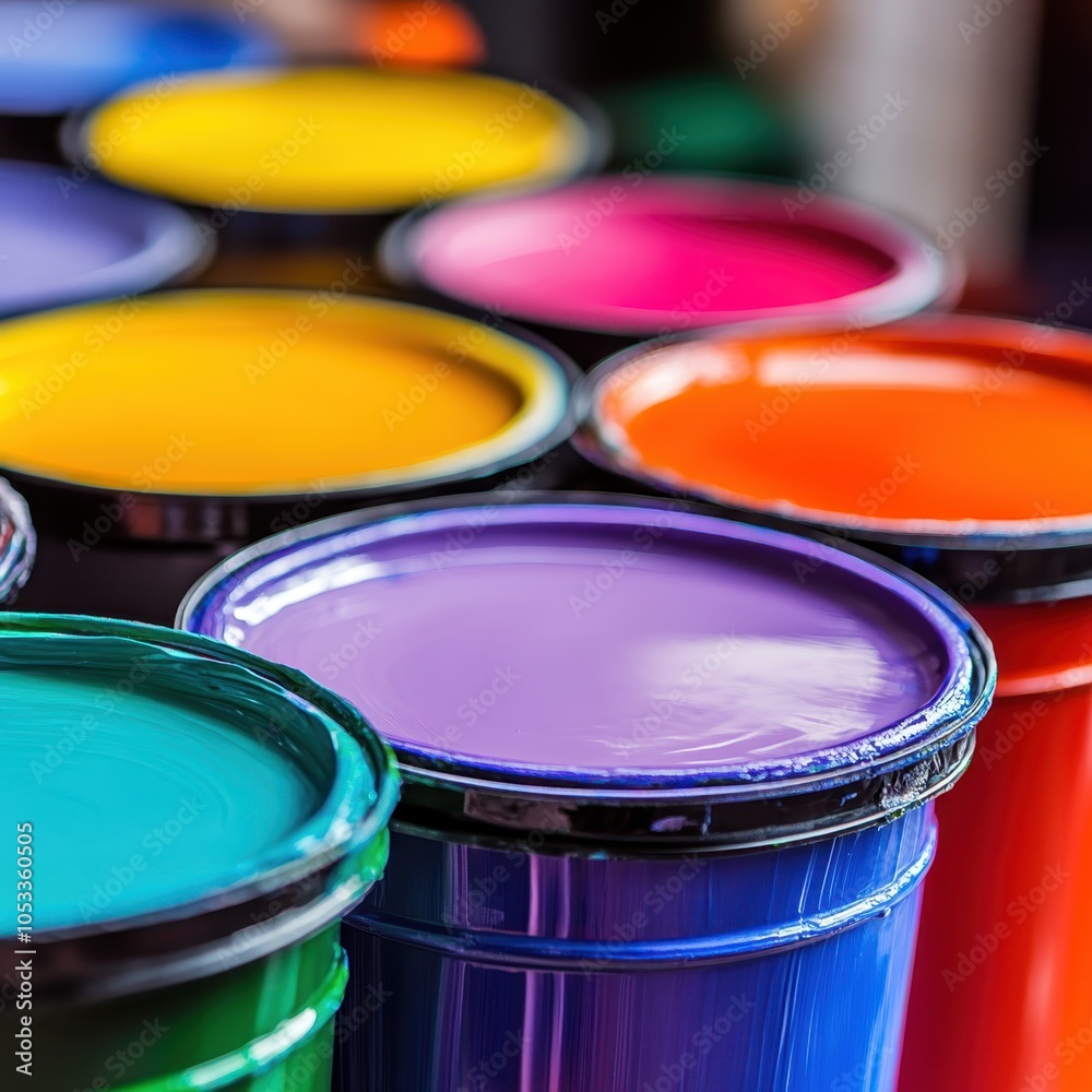 Colorful Paint Buckets Close-Up Colorful Paint Buckets Close-Up