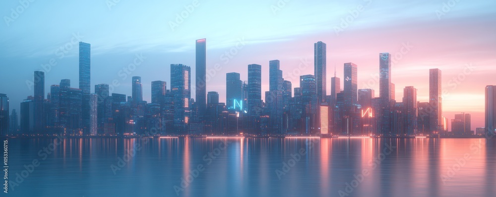 Naklejka premium A serene city skyline at dusk, reflecting lights on water.