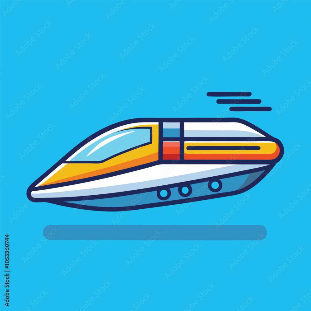 Fototapeta premium A cartoon illustration of a white, orange, and blue bullet train speeding across a blue background.
