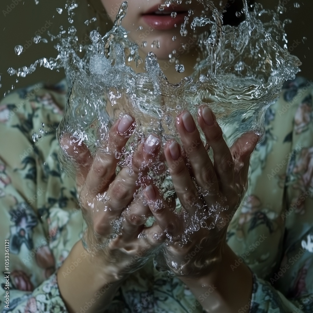 Fototapeta premium A woman's hands capturing splashing water in an artistic close-up, with droplets suspended in mid-air, creating a sense of fluidity and motion
