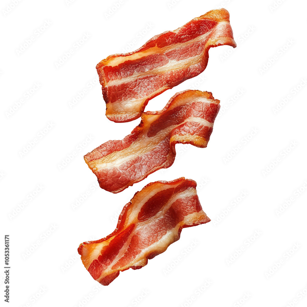 Three crispy bacon slices on transparent background.