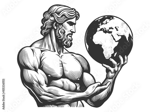 muscular man holding the Earth in one hand, symbolizing strength and responsibility sketch engraving generative ai vector illustration. Scratch board imitation. Black and white image.