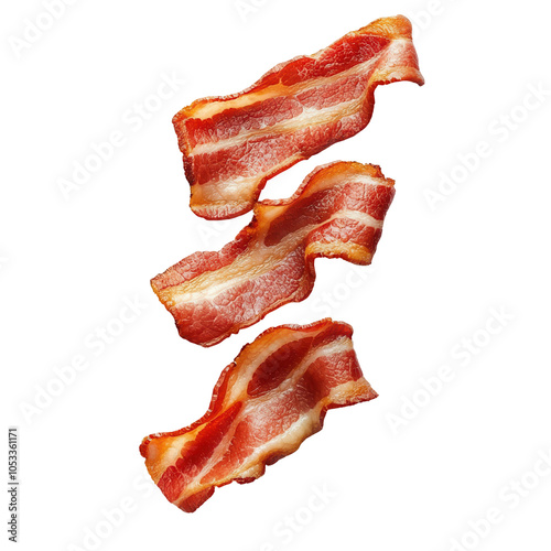 Three crispy bacon slices on transparent background.