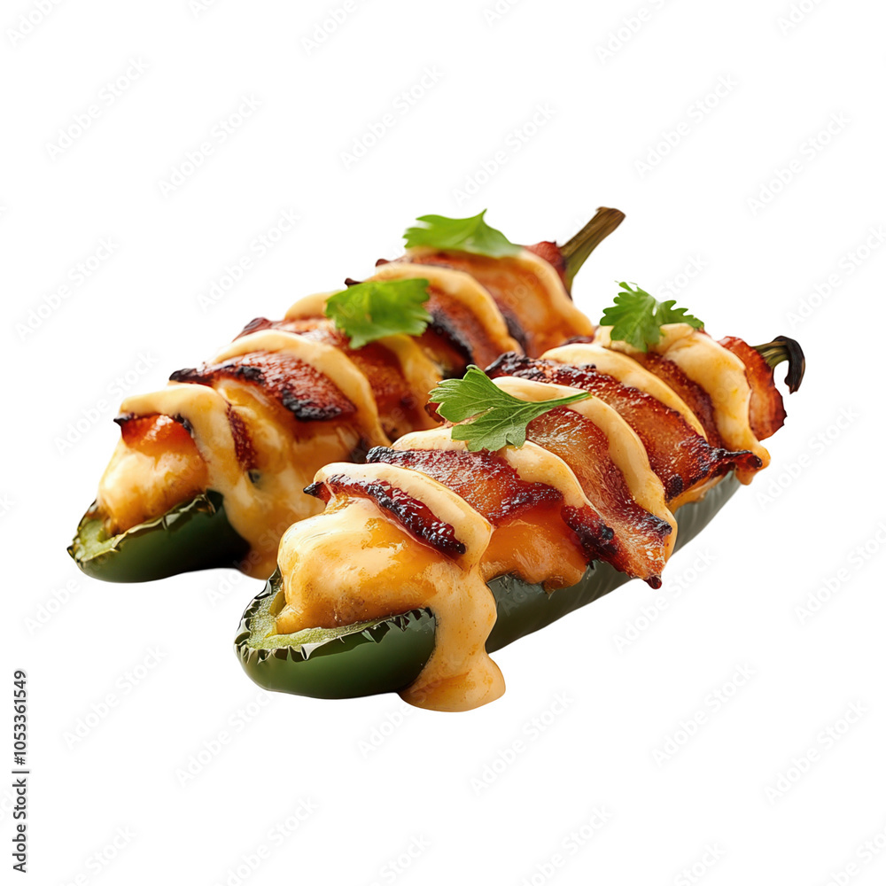 Bacon-wrapped jalapeno poppers topped with sauce and cilantro, transparent background.