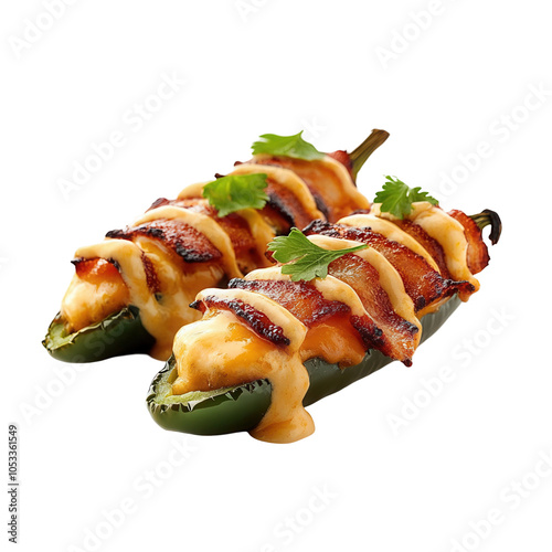 Obraz na płótnie Bacon-wrapped jalapeno poppers topped with sauce and cilantro, transparent background. w salonie