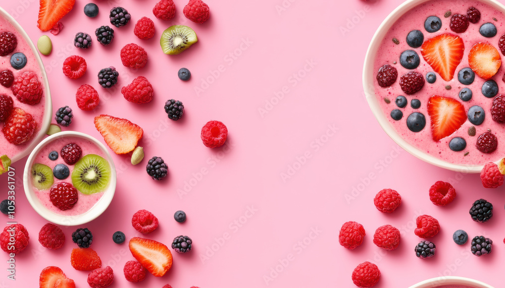 A vibrant arrangement of fresh berries and smoothie bowls on a pink background, showcasing colorful fruits and a delightful, healthy aesthetic. A vibrant arrangement of fresh berries and smoothie bowls on a pink background, showcasing colorful fruits and a delightful, healthy aesthetic.