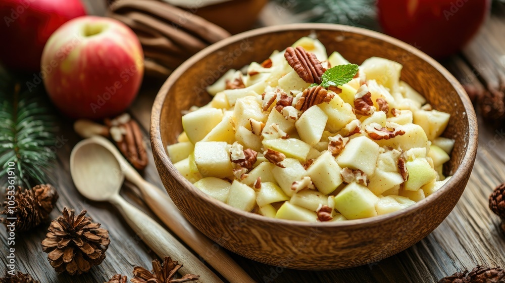 Festive Mexican apple salad, creamy with apple chunks and nuts, garnished for Christmas Festive Mexican apple salad, creamy with apple chunks and nuts, garnished for Christmas