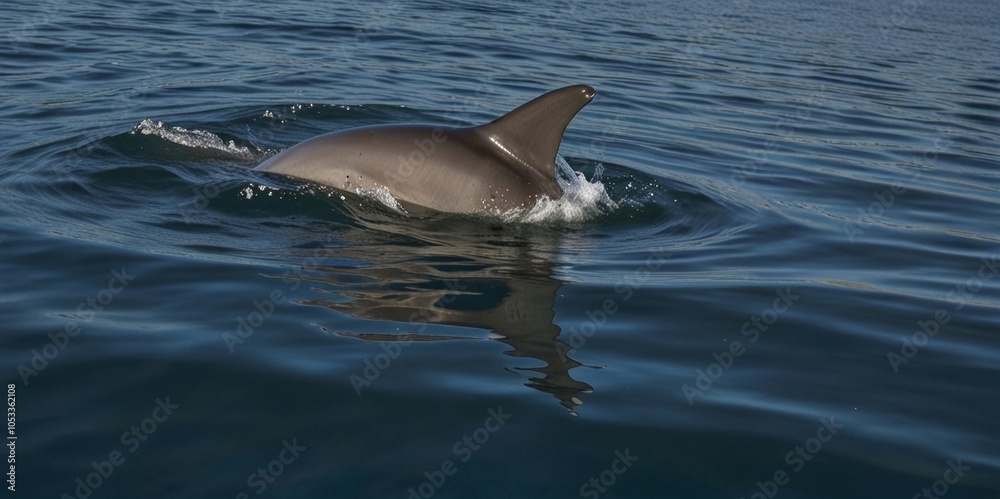 Obraz premium A graceful dolphin leaps out of the sparkling water, its sleek body catching the sunlight, embodying freedom and agility. AI generated.