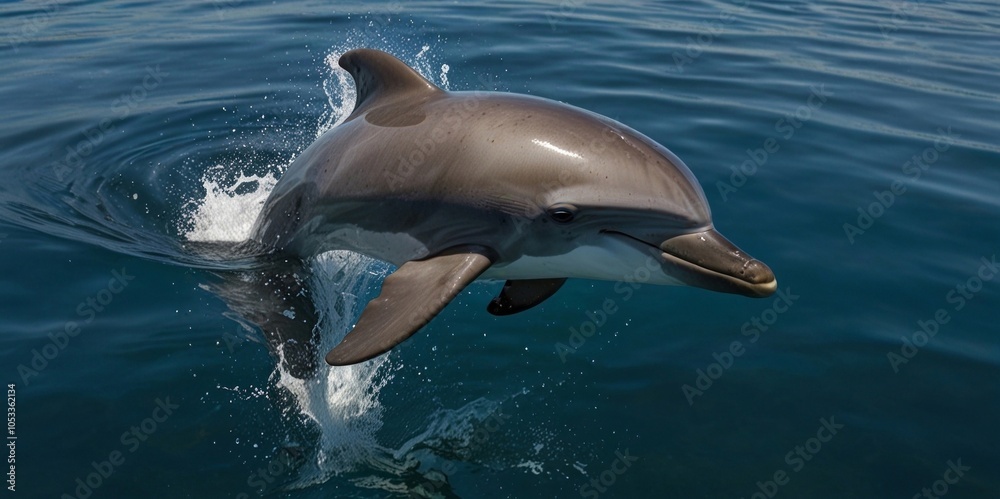 Obraz premium A graceful dolphin leaps out of the sparkling water, its sleek body catching the sunlight, embodying freedom and agility. AI generated.