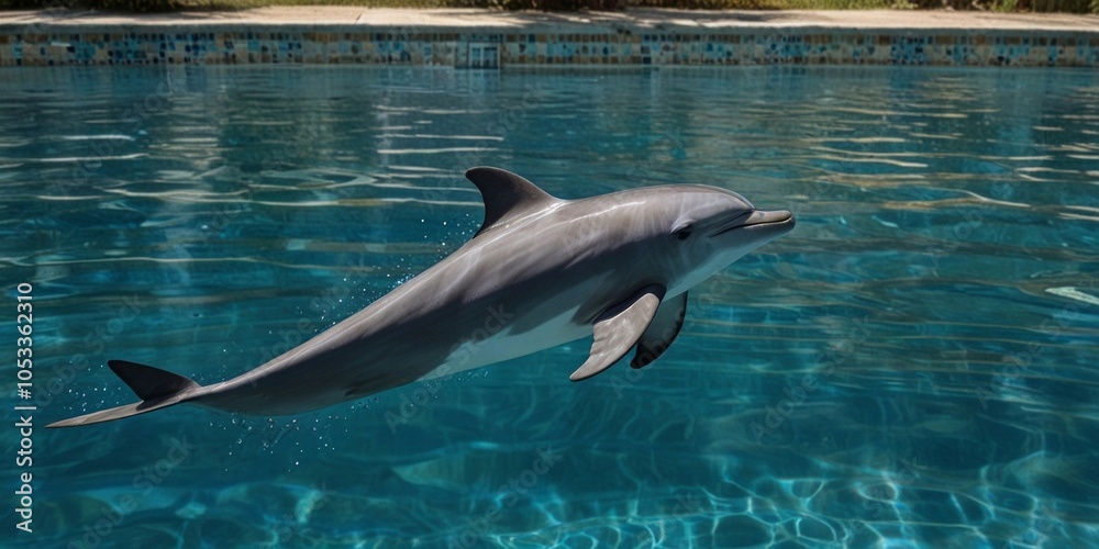 Obraz premium A graceful dolphin leaps out of the sparkling water, its sleek body catching the sunlight, embodying freedom and agility. AI generated.