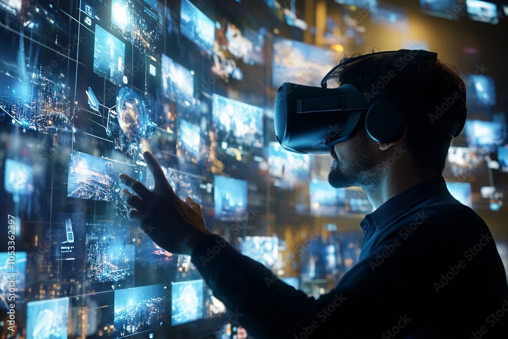 Man Wearing VR Headset Interacting with Digital Interface Man Wearing VR Headset Interacting with Digital Interface