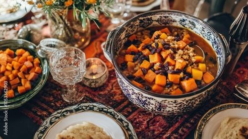 Honey-flavored stew with carrots, sweet potatoes, raisins, holiday dish setup for Hanukkah photo