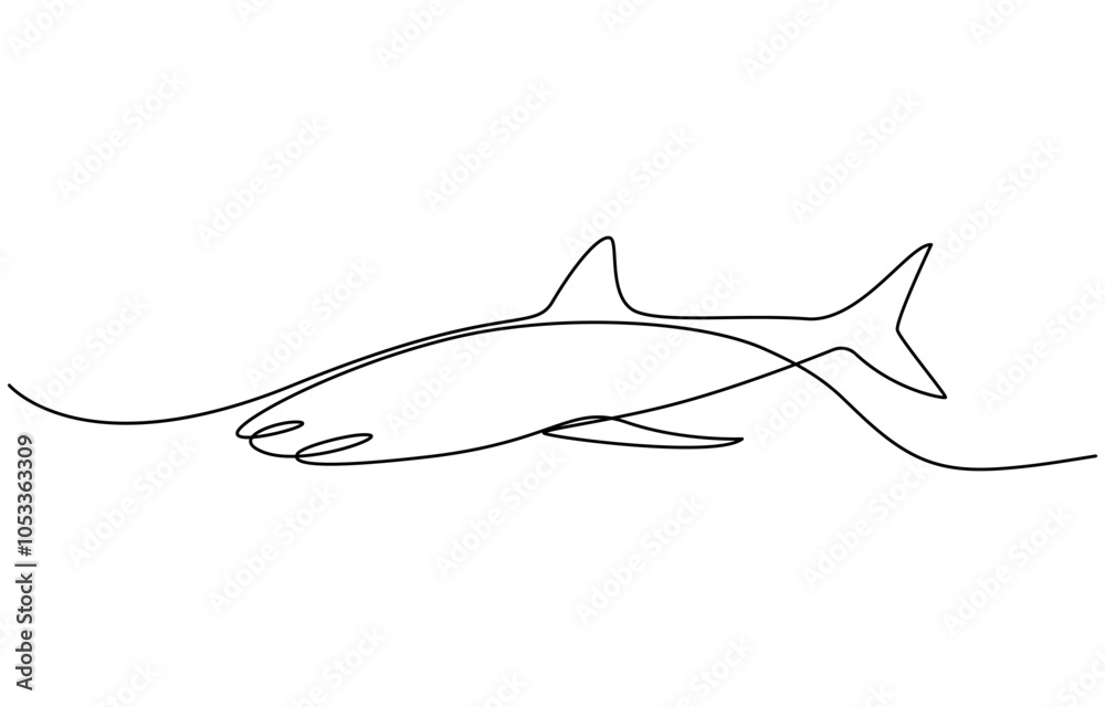 Obraz premium Continuous one line drawing of shark fish. Simple illustration of saltwater fish line art vector illustration, One line drawing of a shark. Graphic vector illustration of shark continuous line drawing