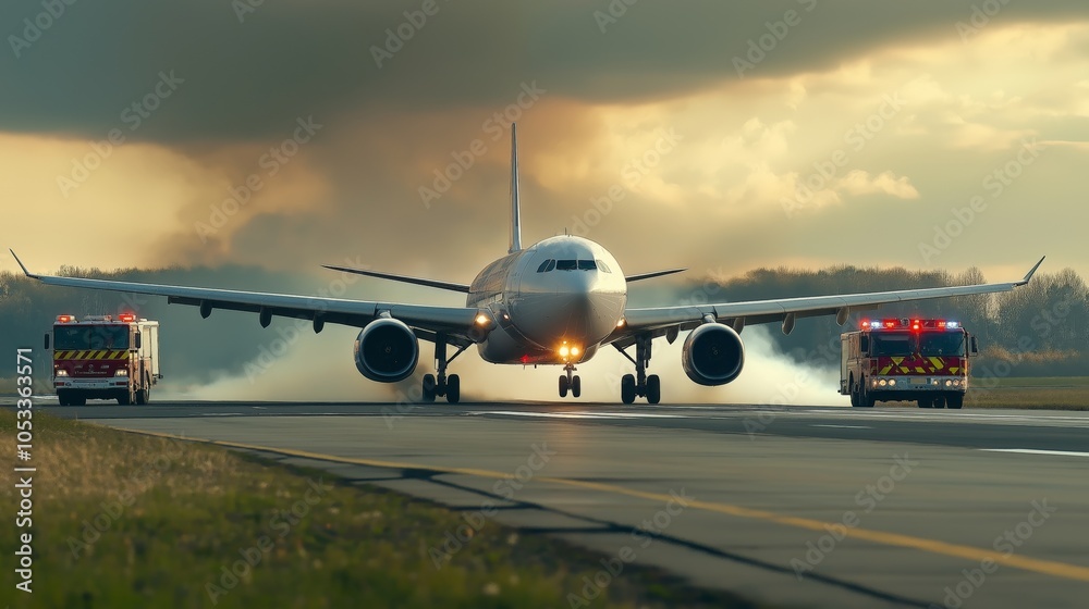 Obraz premium Airplane emergency landing runway fire trucks smoke aviation safety AI generated