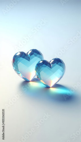 Two transparent blue hearts lie side by side on a light background, with their surfaces reflecting light and creating colorful reflections on the surface beneath.