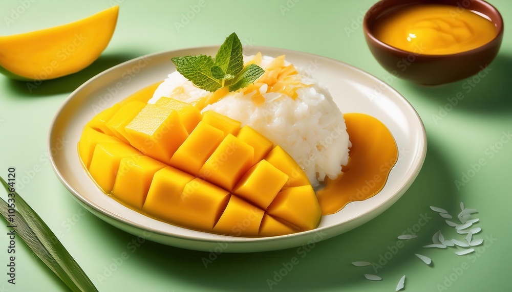 Fresh Mango Sticky Rice Dessert with Drizzled Mango Sauce on Green Plate. Traditional Thai Sweet Dish Perfect for Tropical Flavors, Summer Treats, and Southeast Asian Cuisine Photography Concepts