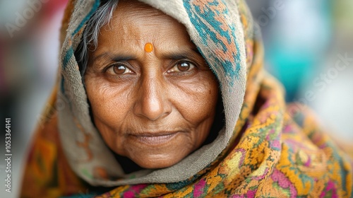 Elderly Indian woman with a shawl and a serene look. photo