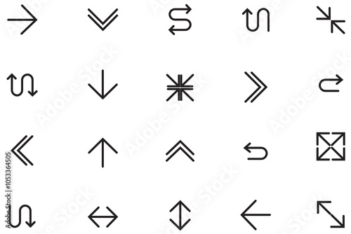 Line Arrow vector icon set. Vector thin line right arrow, minimize, turn right, diagonal arrow. Set of arrow design, button, next, play, fast. Vector illustration.