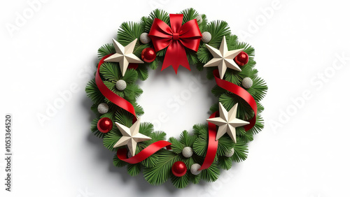 Christmas wreath with stars, ribbons and balls on white background