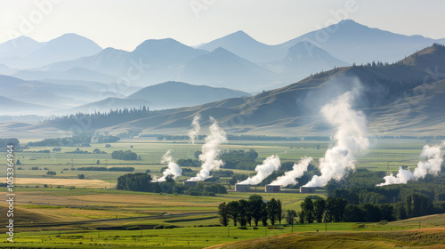 Smoke and steam rising from industrial facilities in mountainous landscape, showcasing contrast between nature and industry. serene environment adds unique perspective