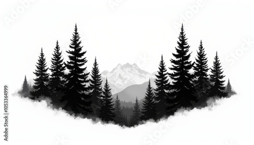 Mountain landscape tattoo with pine trees in blackwork style on white background concept