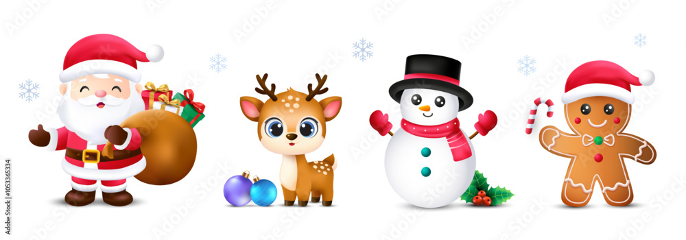 Set of christmas characters design. Vector cartoon of santa claus, reindeer, snowman and ginger bread isolated in white background. Set of christmas characters design. Vector cartoon of santa claus, reindeer, snowman and ginger bread isolated in white background.