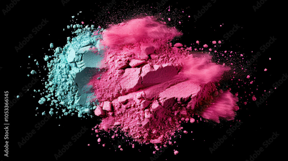 Soft pink and teal dust explosion on black background creates vibrant and dynamic visual effect, showcasing beauty of color contrast and texture Soft pink and teal dust explosion on black background creates vibrant and dynamic visual effect, showcasing beauty of color contrast and texture