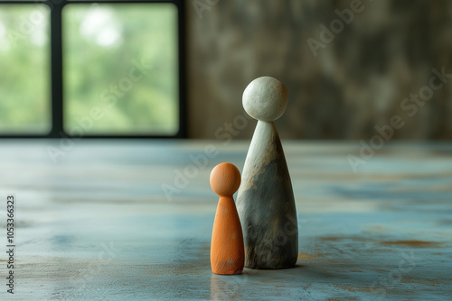 Single unmarried or widowed mother or parent and child figurines, two hand-carved figures standing on the floor of a loft space photo