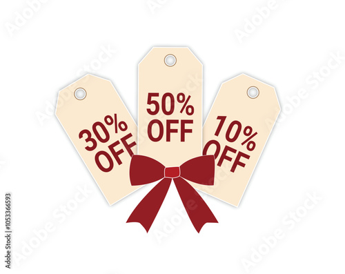 A vibrant collection of Christmas sales tags showcasing holiday discounts; vector designs featuring 10%, 30%, and 50% off in red and pink