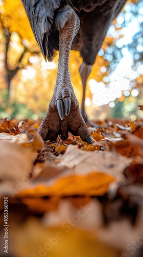 Ground-level view of turkey feet among autumn leaves, majestic fall forest creating bokeh background, artistic nature composition photo