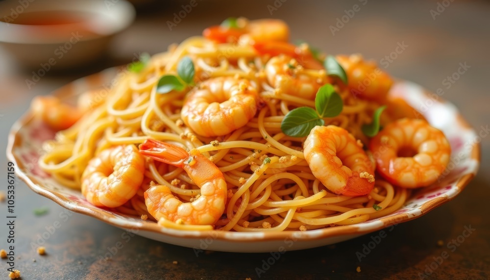 Delicious shrimp and pasta dish ready to be savored Delicious shrimp and pasta dish ready to be savored