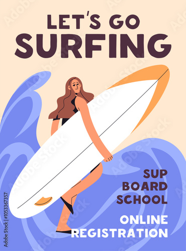Design of advertising poster about sup boarding, surfing lessons. Template of promotion of sports event, competitions. Layout of teaching to ride on surfboard, supboard. Flat vector illustration