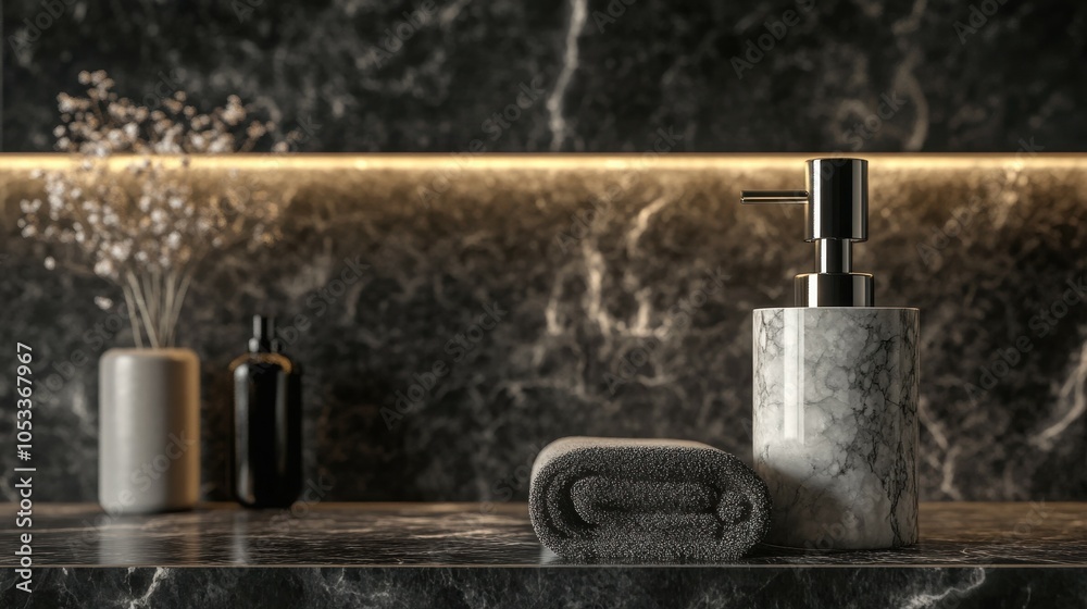 Glamorous bathroom with an empty marble soap dispenser.