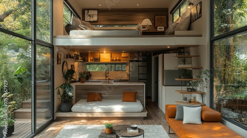 Modern tiny home design with smart storage solutions, clean lines, and an open living space.