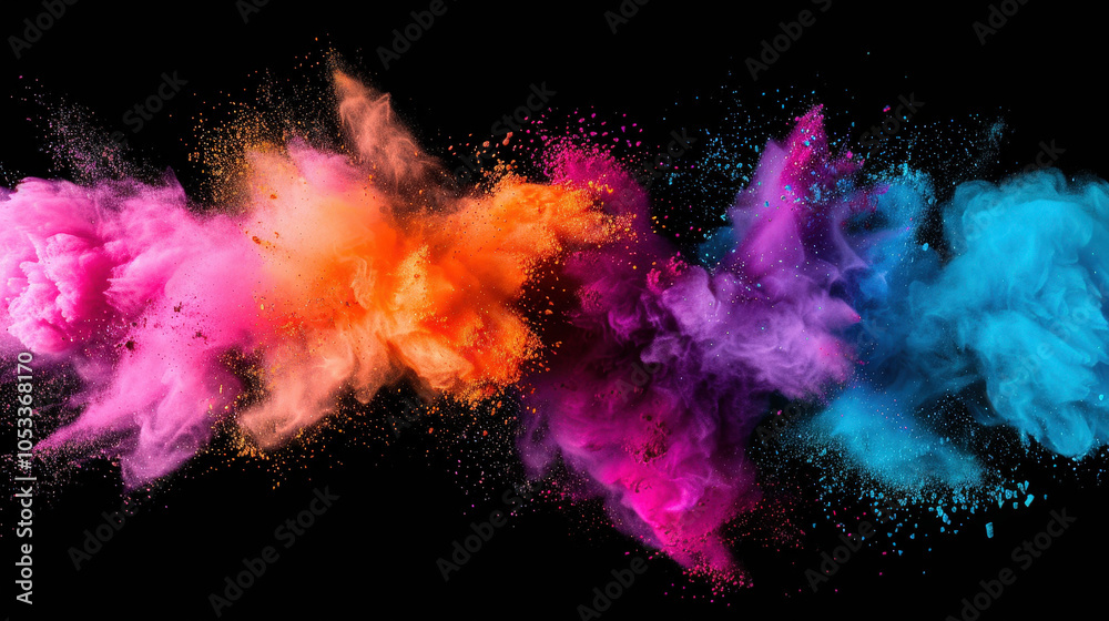 Vibrant explosion of multicolor powder creates stunning visual effect against black background, showcasing dynamic hues of orange, pink, purple, and blue Vibrant explosion of multicolor powder creates stunning visual effect against black background, showcasing dynamic hues of orange, pink, purple, and blue