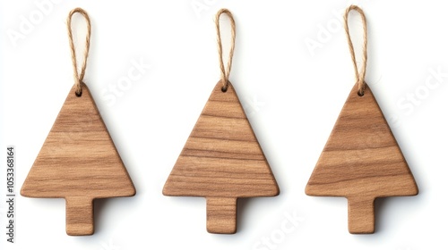 Sustainable Holiday Charm - Wooden Christmas Tree Ornaments on White Background