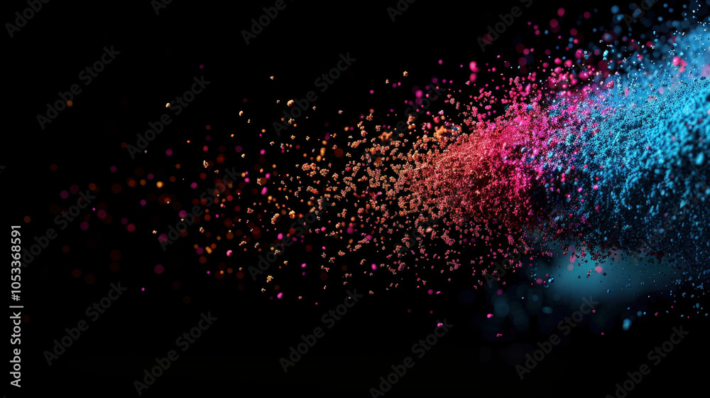 Vibrant powder explosion in shades of pink, blue, and orange against black background creates dynamic and energetic visual. colorful particles scatter beautifully, evoking sense of movement and Vibrant powder explosion in shades of pink, blue, and orange against black background creates dynamic and energetic visual. colorful particles scatter beautifully, evoking sense of movement and