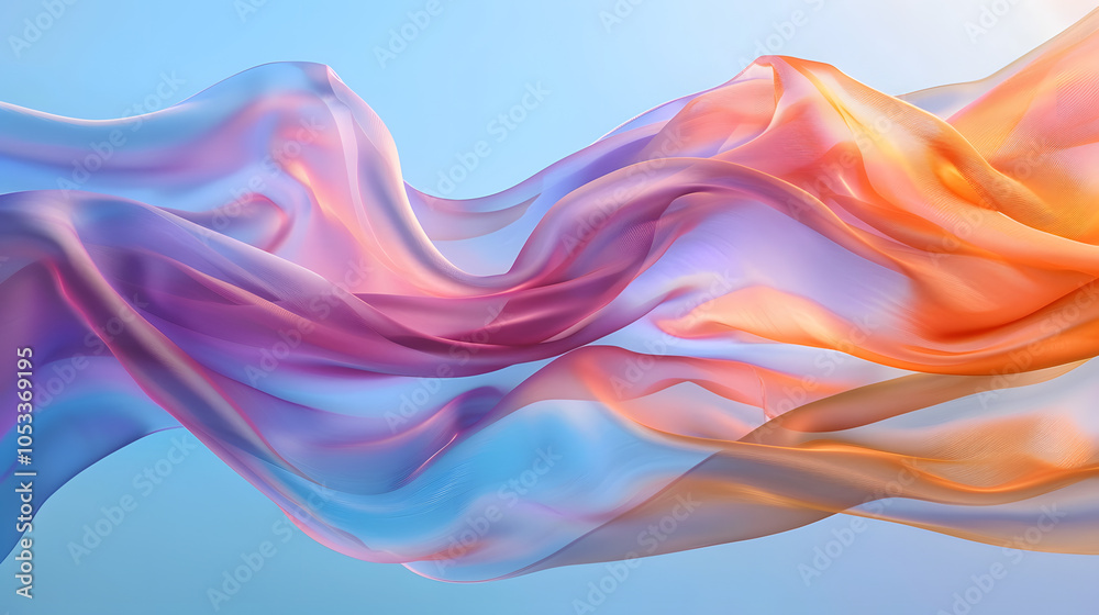 multi-colored silk fabric wave flowing gracefully on a soft blue background multi-colored silk fabric wave flowing gracefully on a soft blue background