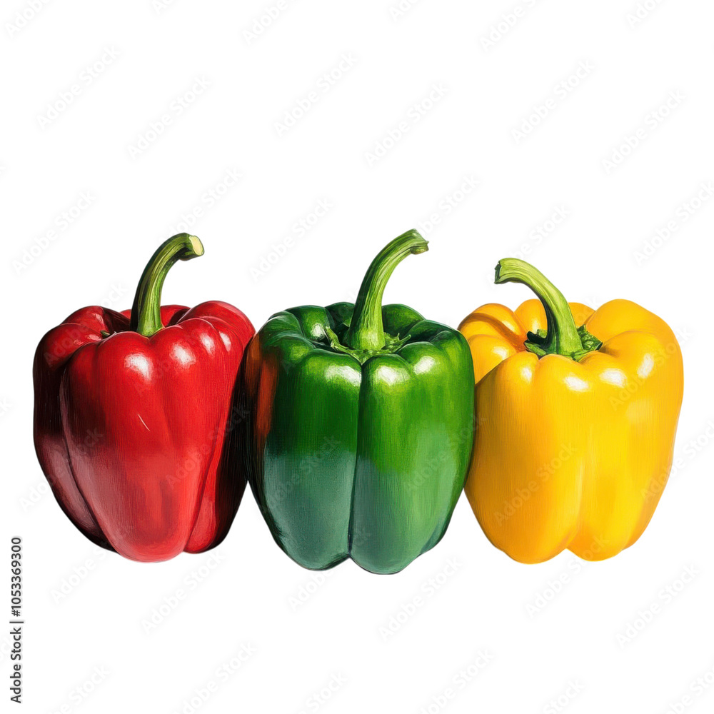 a vibrant bell pepper trio, red, yellow, and green, high-detail, isolated on white background a vibrant bell pepper trio, red, yellow, and green, high-detail, isolated on white background