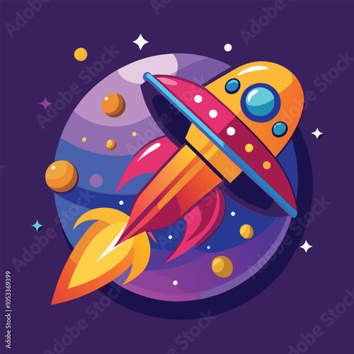 A colorful rocket blasts off into space, leaving a trail of fire and smoke behind it.  