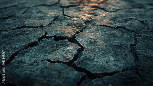A macro shot of cracked pavement, where the tornado's path ripp,