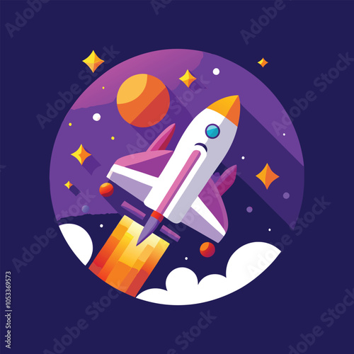 A cartoon rocket blasts off into space, leaving behind a trail of orange flames. The rocket is surrounded by stars, planets, and clouds.