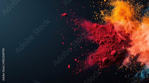 Vibrant yellow, red, and orange dust powder explosion on black background creates stunning visual effect. dynamic colors evoke energy and creativity