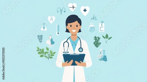 A healthcare professional holds a clipboard surrounded by medical and health-related icons.