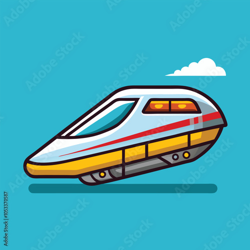 A cartoon illustration of a high-speed train speeding through the sky, with a single white cloud above it.