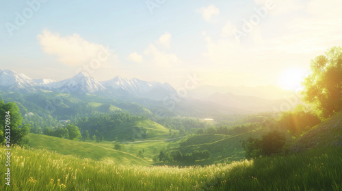 Tranquil Valley with Rolling Hills and Mountains