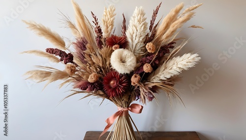 A dried flower bouquet is centered, tied with a peach ribbon.	