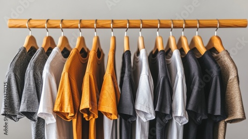 Colorful Collection of T-Shirts Hanging on Wooden Rack